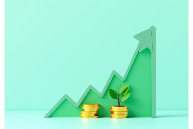 Illustrasjon av voksende investeringsgrafer og mynter