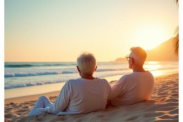 Par som nyter pensjonisttilværelsen tidlig, kanskje på en strand