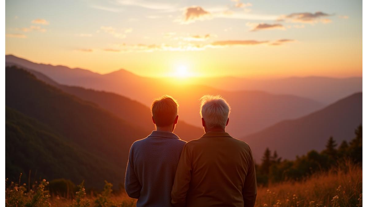 Serene mountain landscape with a couple enjoying the view, symbolizing financial peace