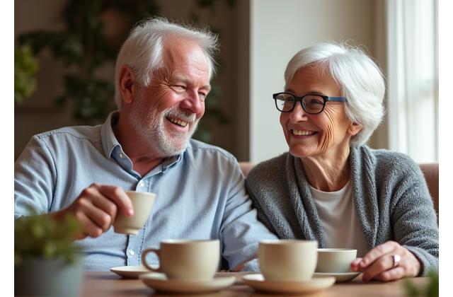 Eldre par som smiler og nyter en kopp kaffe, symboliserer en trygg pensjonisttilværelse.